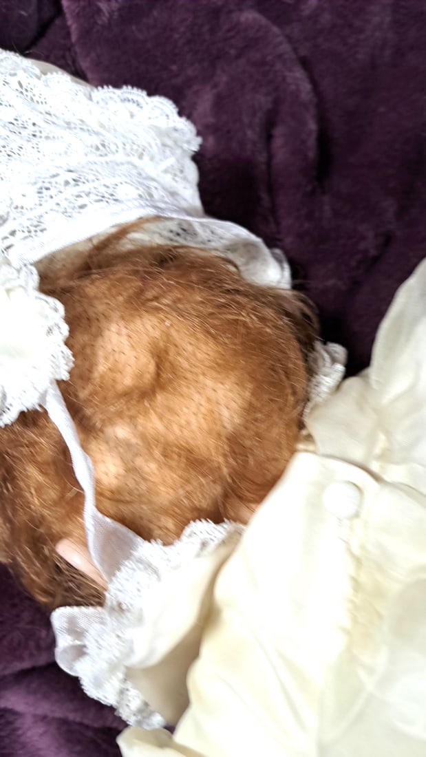 Wax Over Porcelain Baby Doll With Cream Lace Dress, Bonnet, Blue Eyes And Brown Hair - 6