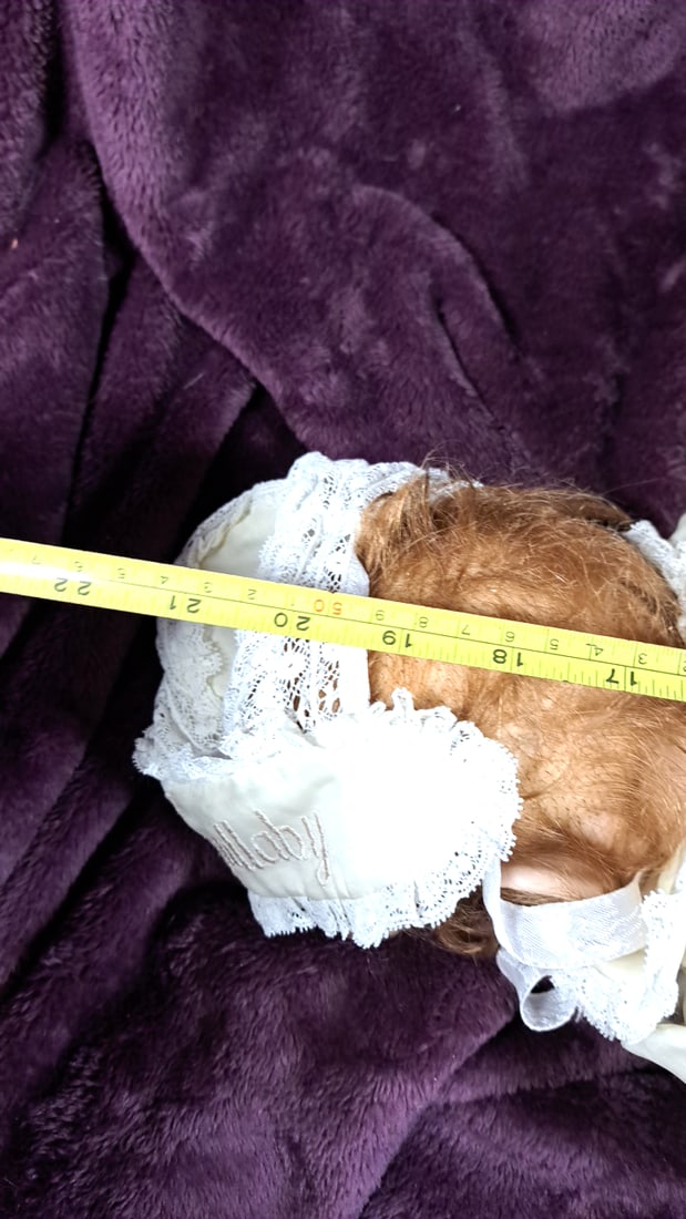 Wax Over Porcelain Baby Doll With Cream Lace Dress, Bonnet, Blue Eyes And Brown Hair - 7