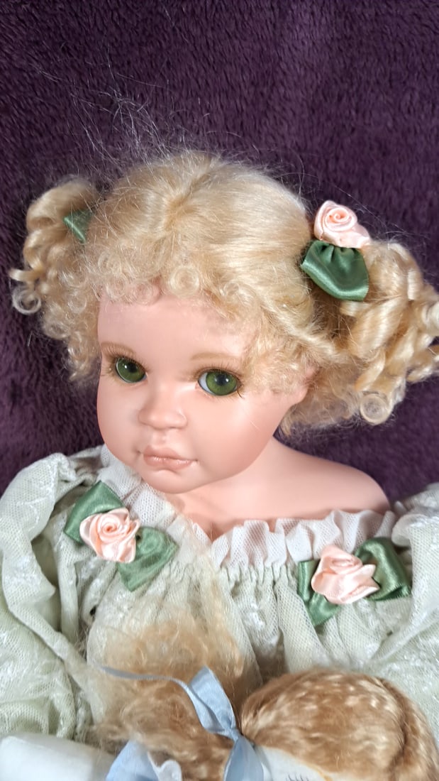 Kitty Porcelain Doll 1997 Australia Blonde Girl Doll Mint Lace Dress With Rag Doll - 7
