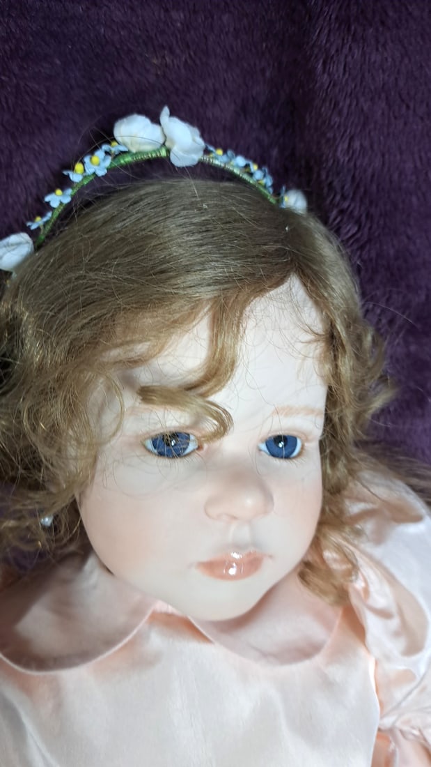 Ruth Treffeisen Porcelain Doll Blue Eyes Pink Satin Dress Floral Headband - 3