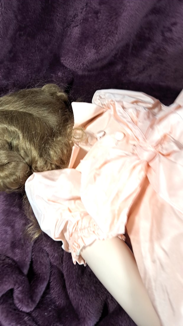 Ruth Treffeisen Porcelain Doll Blue Eyes Pink Satin Dress Floral Headband - 7