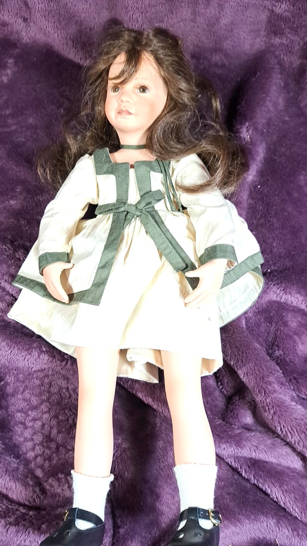 Porcelain Brunette Girl Doll Cream Dress Green Trim Black Mary Jane Shoes (1 of 6)