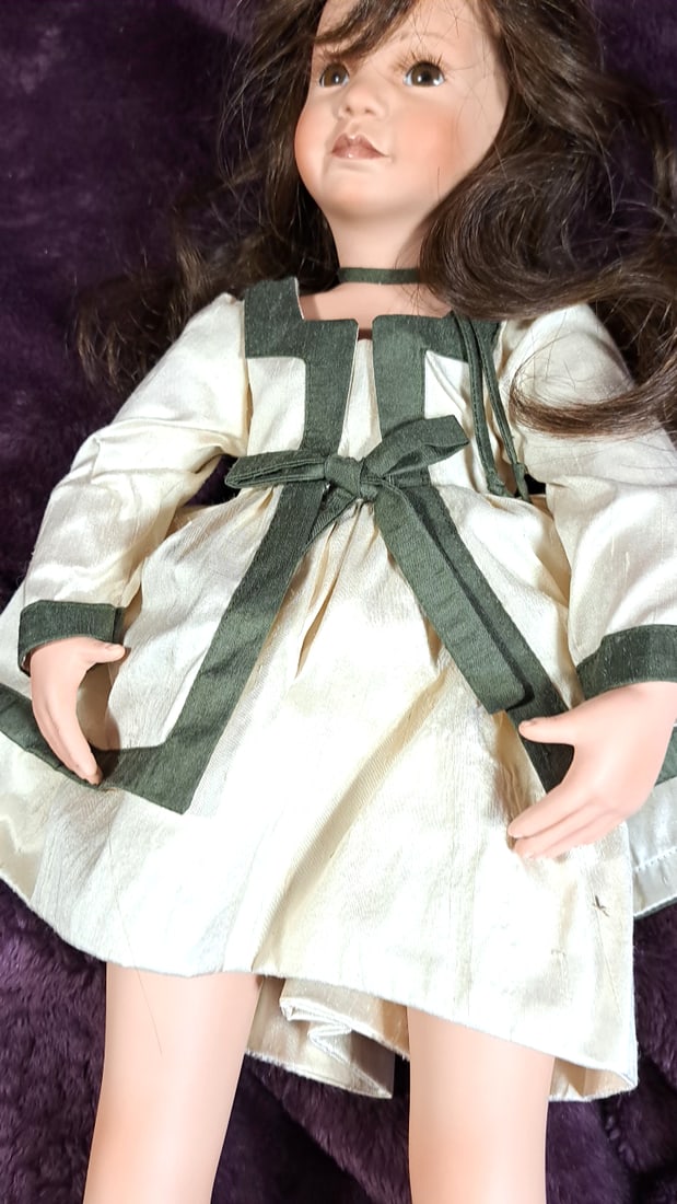 Porcelain Brunette Girl Doll Cream Dress Green Trim Black Mary Jane Shoes - 2