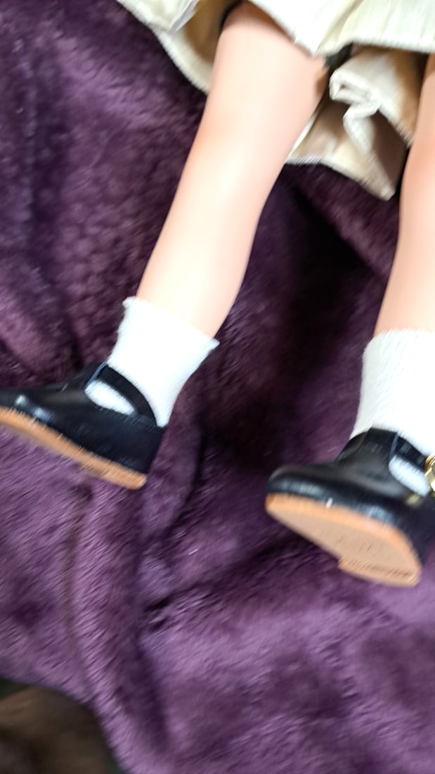 Porcelain Brunette Girl Doll Cream Dress Green Trim Black Mary Jane Shoes - 3