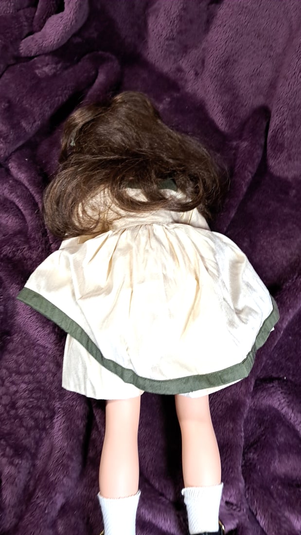 Porcelain Brunette Girl Doll Cream Dress Green Trim Black Mary Jane Shoes - 4