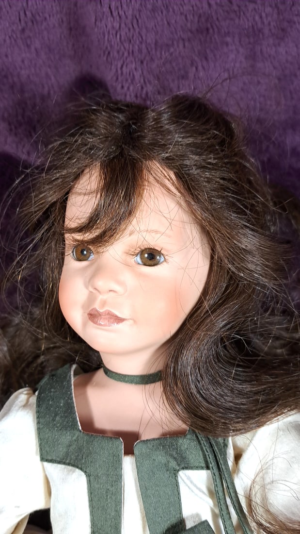 Porcelain Brunette Girl Doll Cream Dress Green Trim Black Mary Jane Shoes - 6