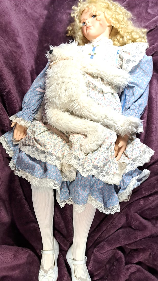 Dawn Adams Porcelain Girl Doll 9 Of 15 Blonde Curly Hair Floral Lace Dress Plush Dog (1 of 11)
