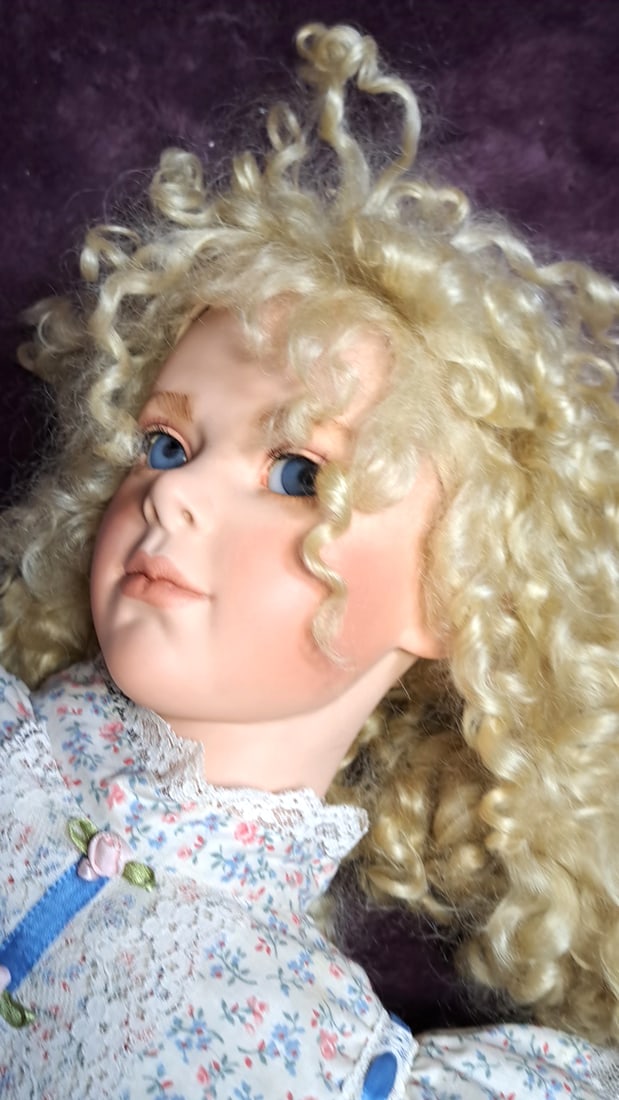 Dawn Adams Porcelain Girl Doll 9 Of 15 Blonde Curly Hair Floral Lace Dress Plush Dog - 2
