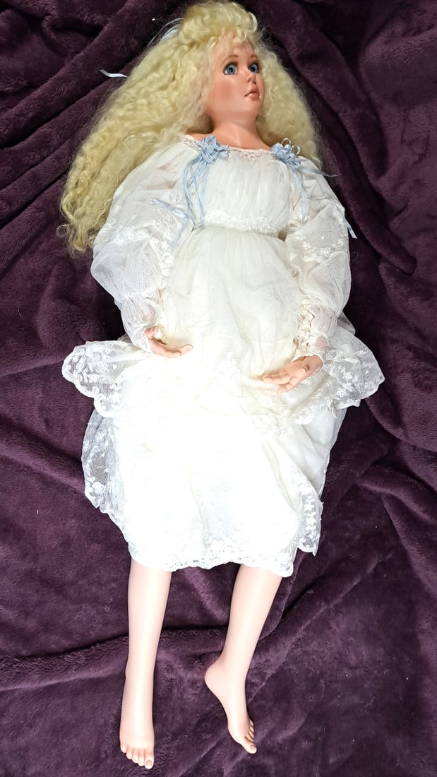 Karen Blanford Blonde Blue-eyed Porcelain Doll In White Lace Dress With Blue Ribbon Accents (1 of 8)