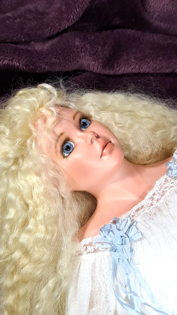 Karen Blanford Blonde Blue-eyed Porcelain Doll In White Lace Dress With Blue Ribbon Accents - 2