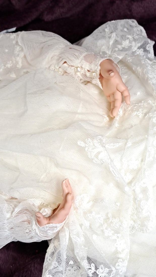 Karen Blanford Blonde Blue-eyed Porcelain Doll In White Lace Dress With Blue Ribbon Accents - 3