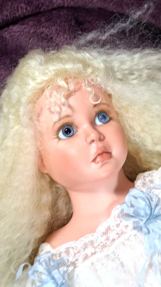 Karen Blandford Lara Porcelain Doll White Lace Dress Blue Ribbon Bows - 2