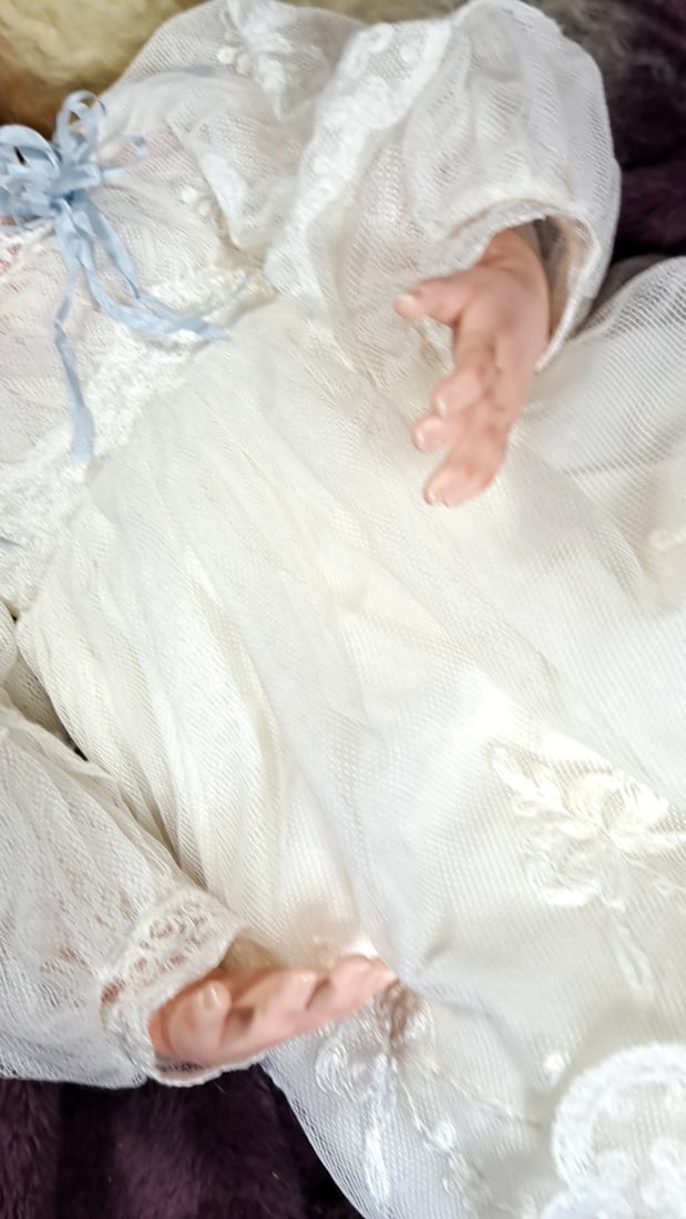 Karen Blandford Lara Porcelain Doll White Lace Dress Blue Ribbon Bows - 3