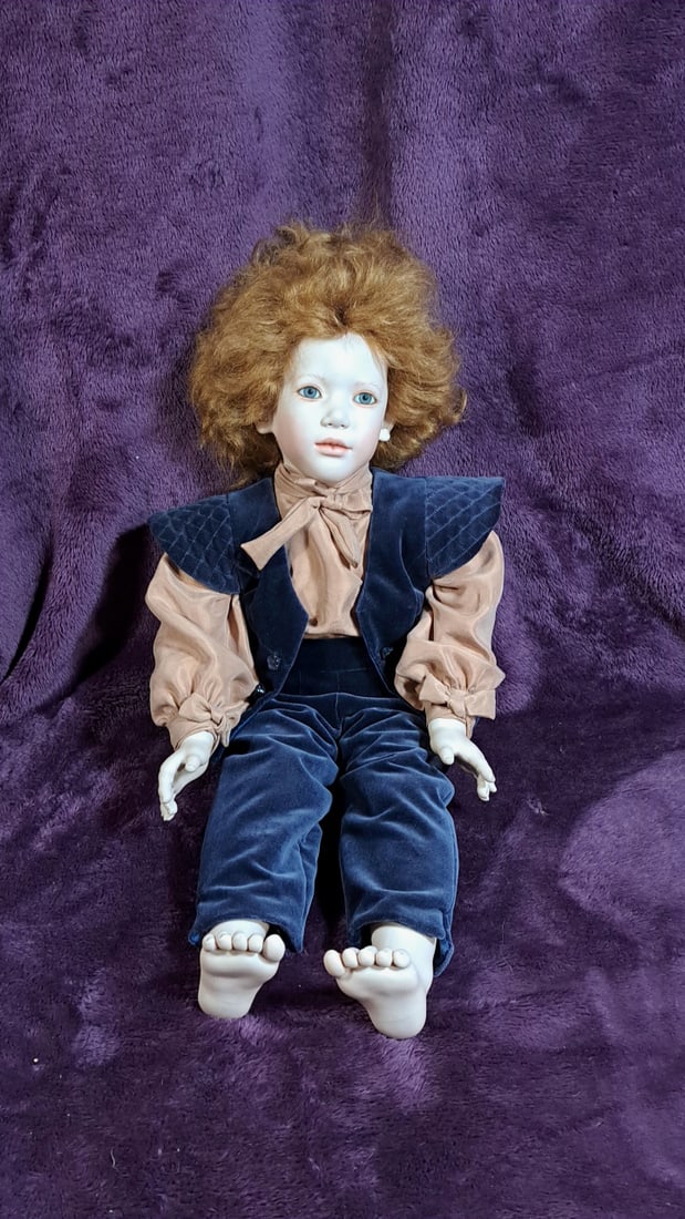 Annette Himstedt Angie 5690 Artist Doll, Red Hair, Blue Velvet Outfit With Box: Please read descriptions and examine pictures carefully. Take into account shipping when bidding. 30x15x15 15lbs Height: 15 Width: 15 Low Estimate: 50.00 High Estimate: 60.00