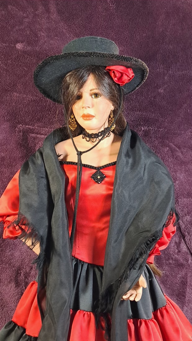 Porcelain Flamenco Dancer Doll Red Black Tiered Dress Hat Shawl - 2