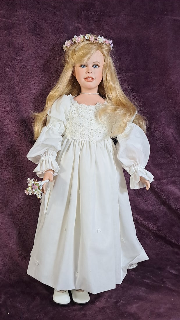 Porcelain Doll Blonde Blue Eyes White Dress Floral Crown (1 of 11)
