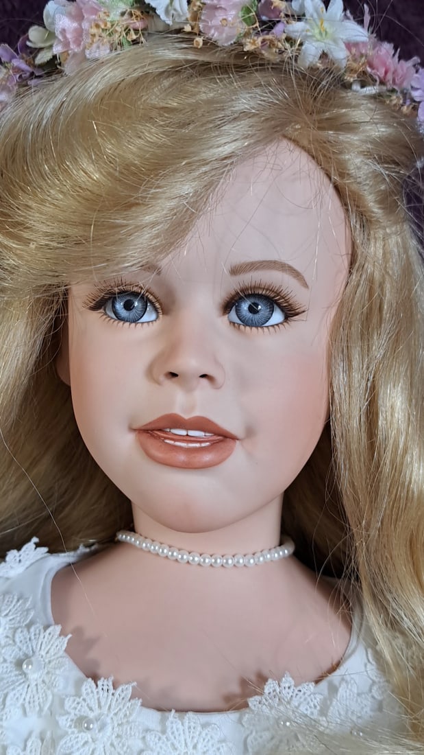 Porcelain Doll Blonde Blue Eyes White Dress Floral Crown - 2