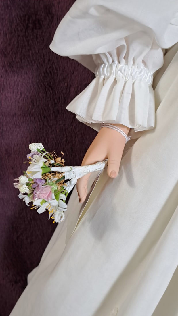Porcelain Doll Blonde Blue Eyes White Dress Floral Crown - 5