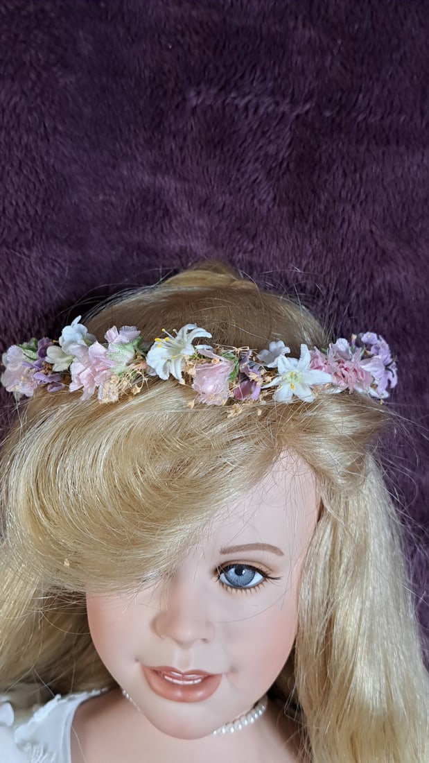 Porcelain Doll Blonde Blue Eyes White Dress Floral Crown - 8