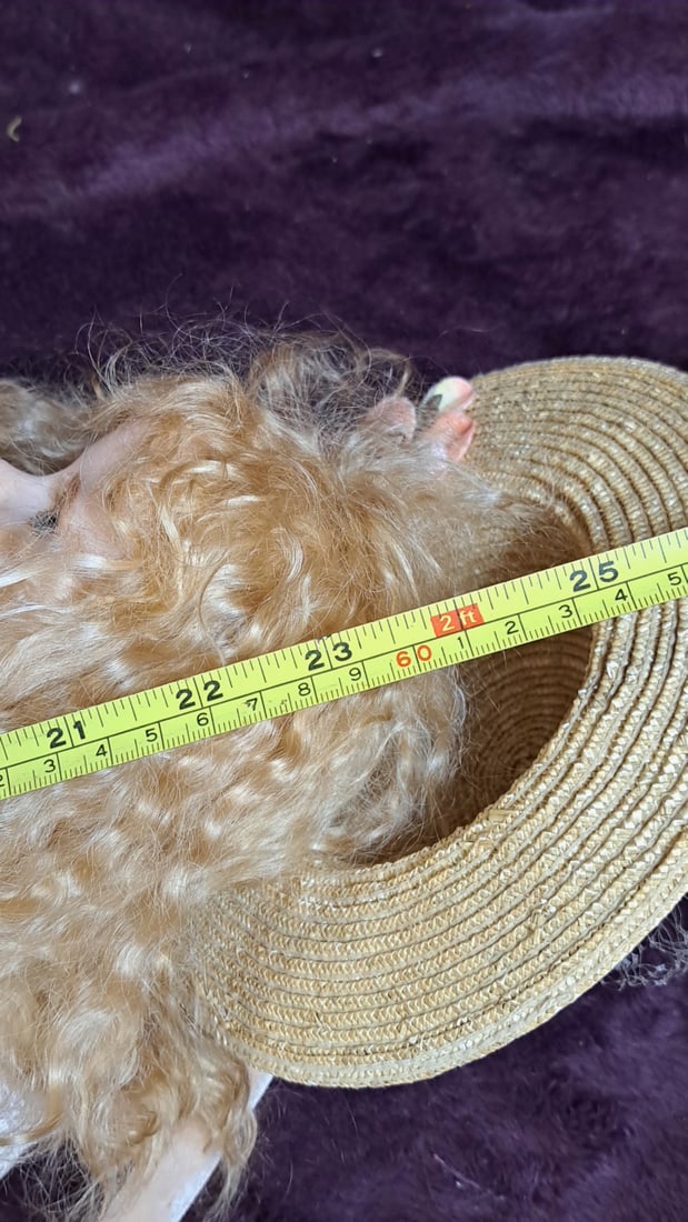 24 In Porcelain & Cloth Doll Blonde Curly Hair Straw Hat Pink Lace Dress Flower Basket - 12