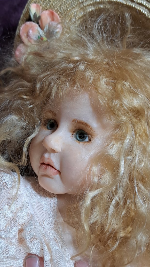 24 In Porcelain & Cloth Doll Blonde Curly Hair Straw Hat Pink Lace Dress Flower Basket - 13