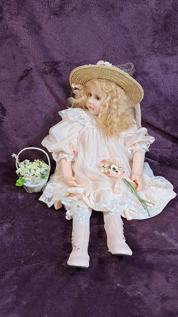 24 In Porcelain & Cloth Doll Blonde Curly Hair Straw Hat Pink Lace Dress Flower Basket (1 of 13)