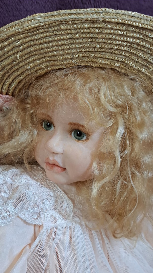 24 In Porcelain & Cloth Doll Blonde Curly Hair Straw Hat Pink Lace Dress Flower Basket - 2