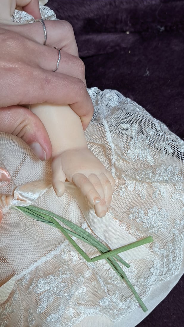 24 In Porcelain & Cloth Doll Blonde Curly Hair Straw Hat Pink Lace Dress Flower Basket - 4