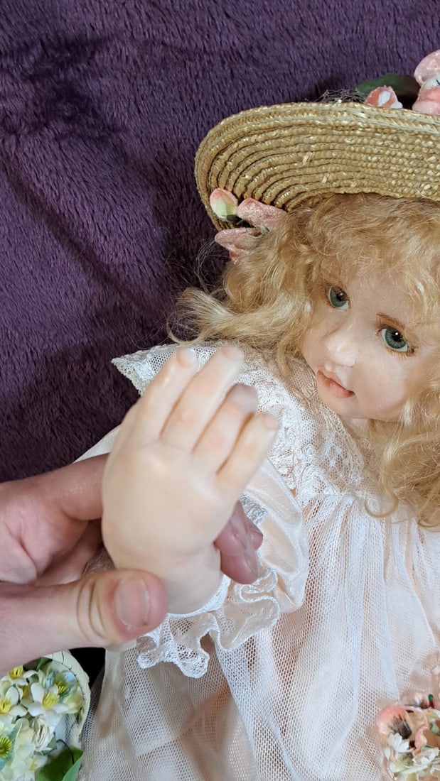 24 In Porcelain & Cloth Doll Blonde Curly Hair Straw Hat Pink Lace Dress Flower Basket - 6