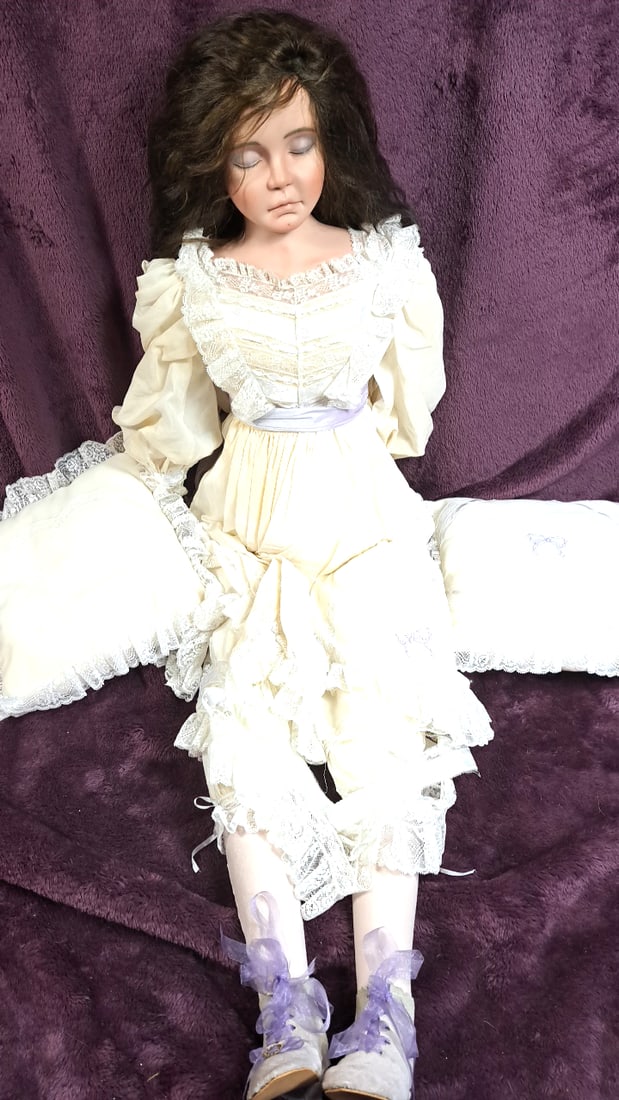 Karen Anderson Blanford Lily one of a kind Porcelain Doll with Victorian-Style Dress and Purple S...: Please read descriptions and examine pictures carefully. Take into account shipping when bidding. Yellowing and stain on clothes 36x10x10 5lbs Height: 10 Width: 10 Low Estimate: 15.00 High Estimate: 1