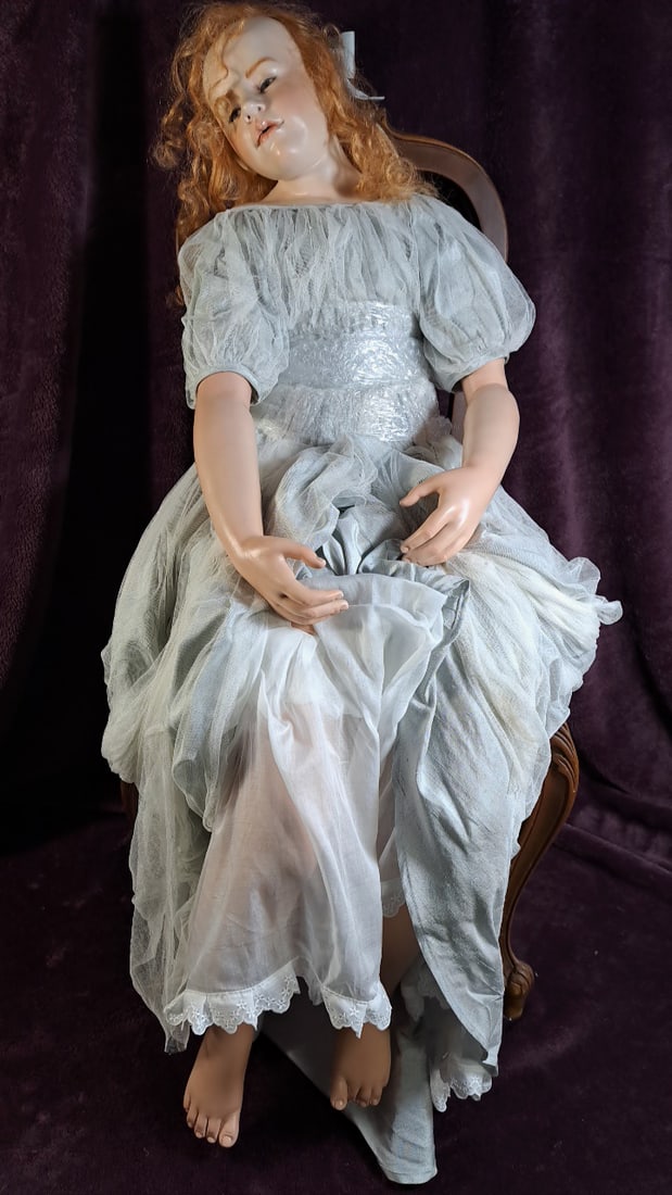 Wax over Porcelain Girl Doll with Red Curly Hair and Pale Blue Tulle Dress (1 of 7)