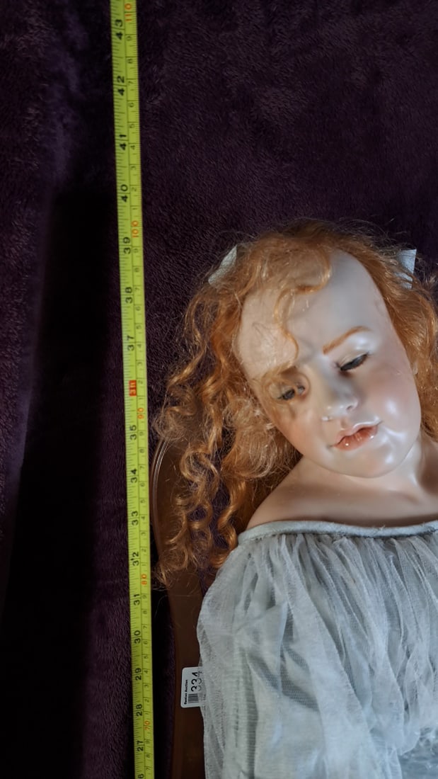 Wax over Porcelain Girl Doll with Red Curly Hair and Pale Blue Tulle Dress - 2