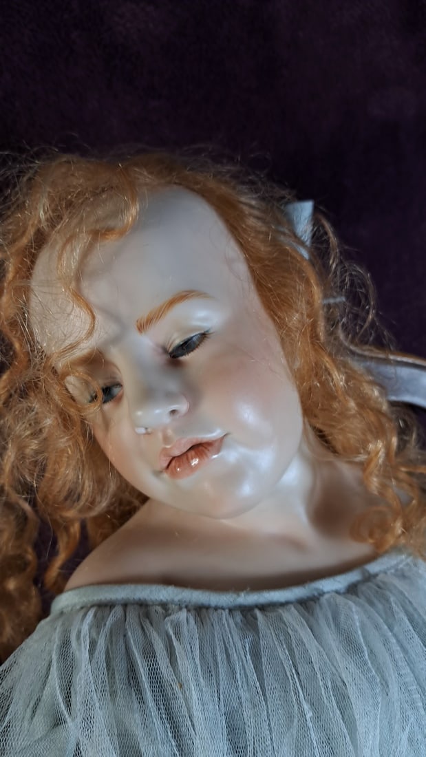 Wax over Porcelain Girl Doll with Red Curly Hair and Pale Blue Tulle Dress - 3