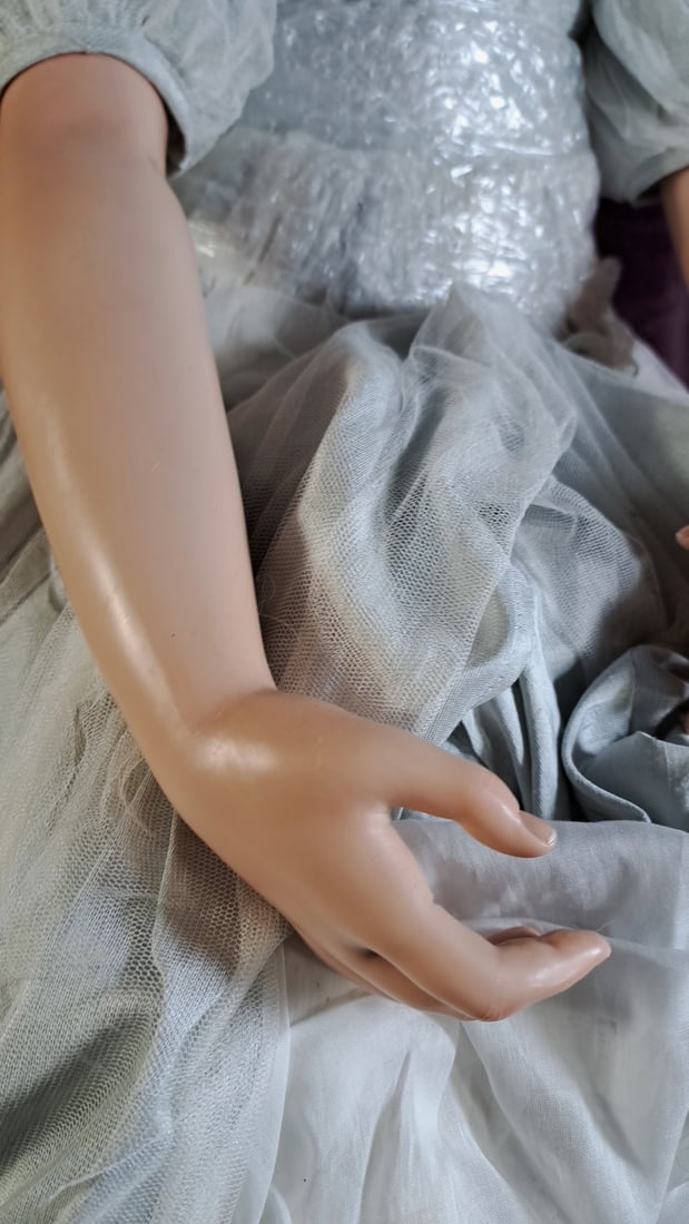 Wax over Porcelain Girl Doll with Red Curly Hair and Pale Blue Tulle Dress - 4