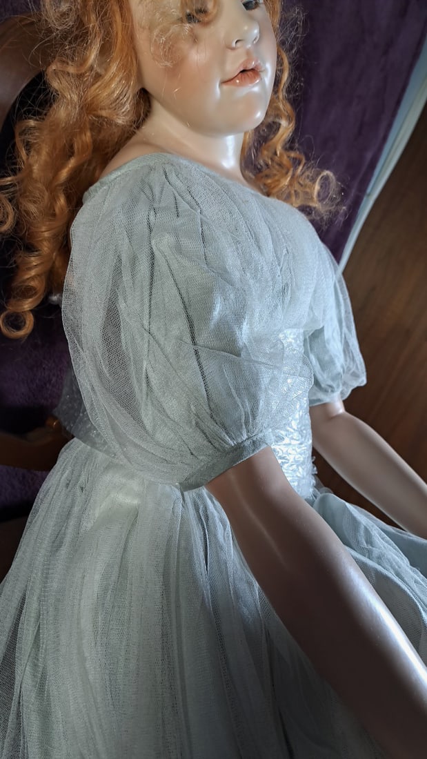 Wax over Porcelain Girl Doll with Red Curly Hair and Pale Blue Tulle Dress - 6