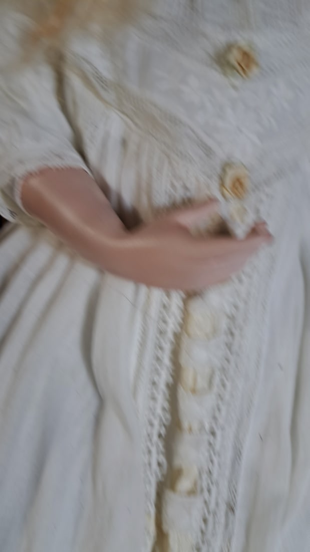 C Cumming Porcelain Doll with Blonde Hair, White Lace Dress, Bonnet and Wicker Chair - 11
