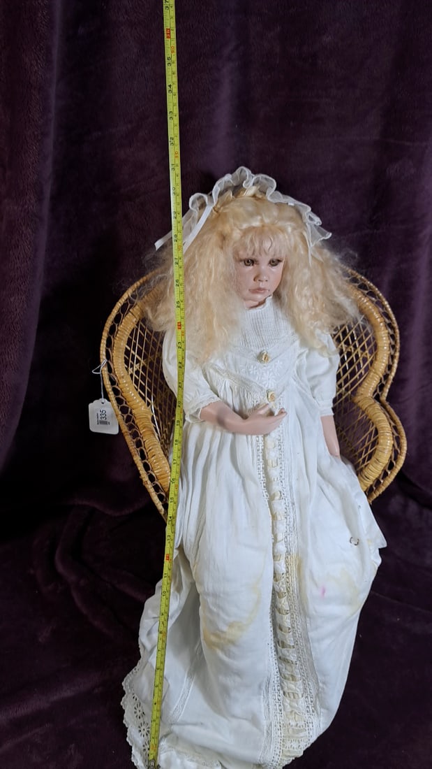 C Cumming Porcelain Doll with Blonde Hair, White Lace Dress, Bonnet and Wicker Chair - 2