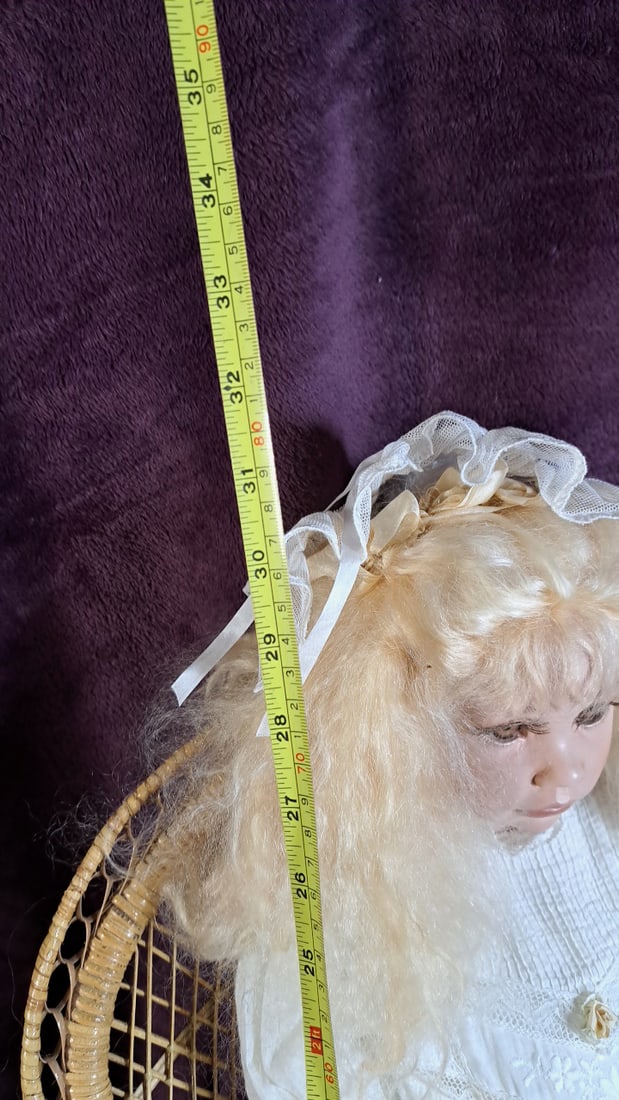C Cumming Porcelain Doll with Blonde Hair, White Lace Dress, Bonnet and Wicker Chair - 3