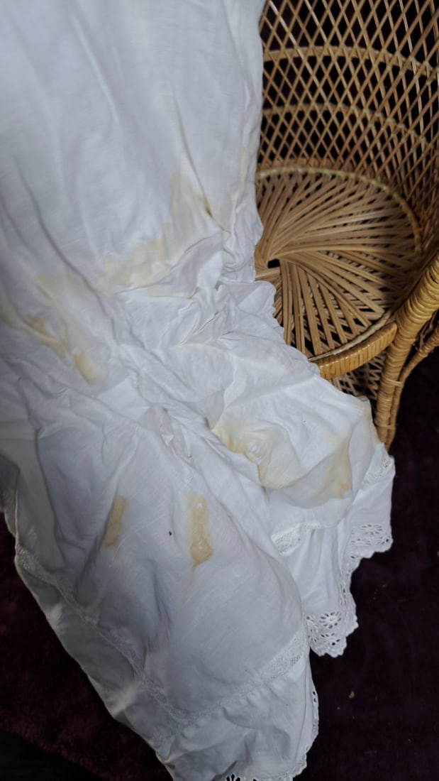 C Cumming Porcelain Doll with Blonde Hair, White Lace Dress, Bonnet and Wicker Chair - 9