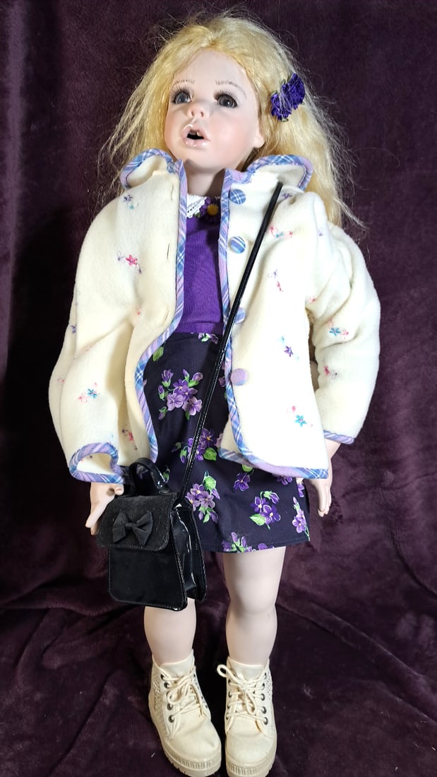 Gudge Made in Australia Porcelain Doll Blonde Hair Purple Floral Outfit 36 in (1 of 12)