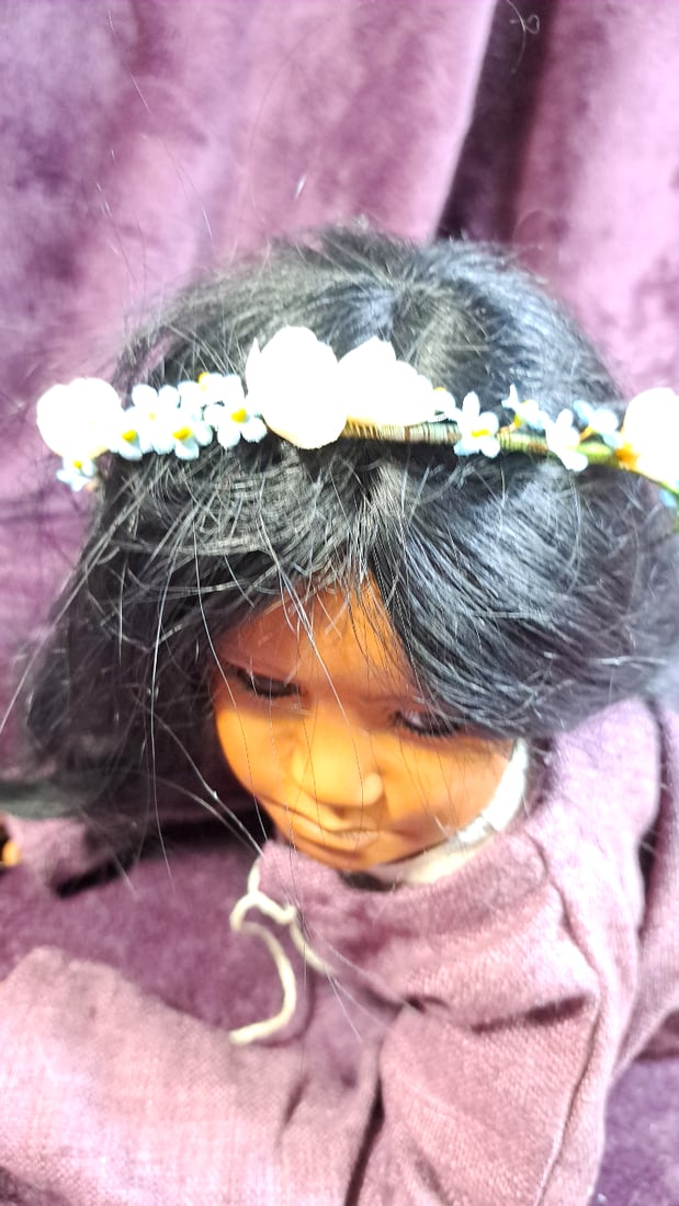 Signed 1992 Artist Doll with Black Hair, Floral Headband, Mauve Dress - 2