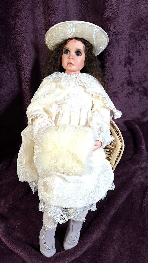 Signed Porcelain Collector Doll Ivory Lace Dress Hat Fur Muff Basket Boots (1 of 8)