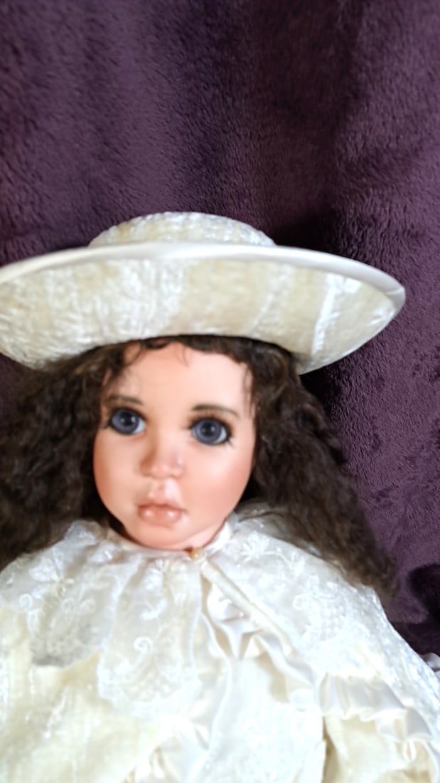 Signed Porcelain Collector Doll Ivory Lace Dress Hat Fur Muff Basket Boots - 2