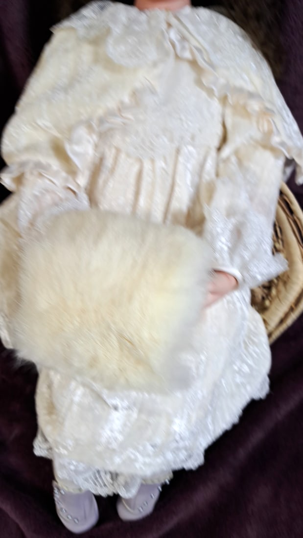 Signed Porcelain Collector Doll Ivory Lace Dress Hat Fur Muff Basket Boots - 3