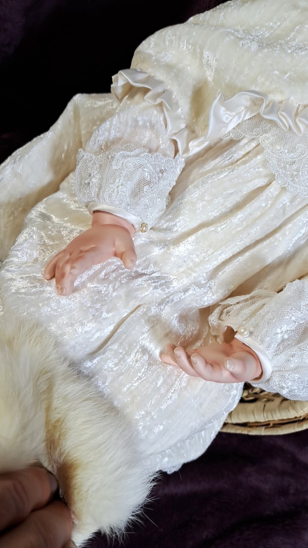 Signed Porcelain Collector Doll Ivory Lace Dress Hat Fur Muff Basket Boots - 4