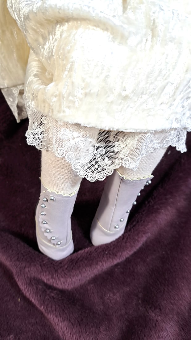 Signed Porcelain Collector Doll Ivory Lace Dress Hat Fur Muff Basket Boots - 5