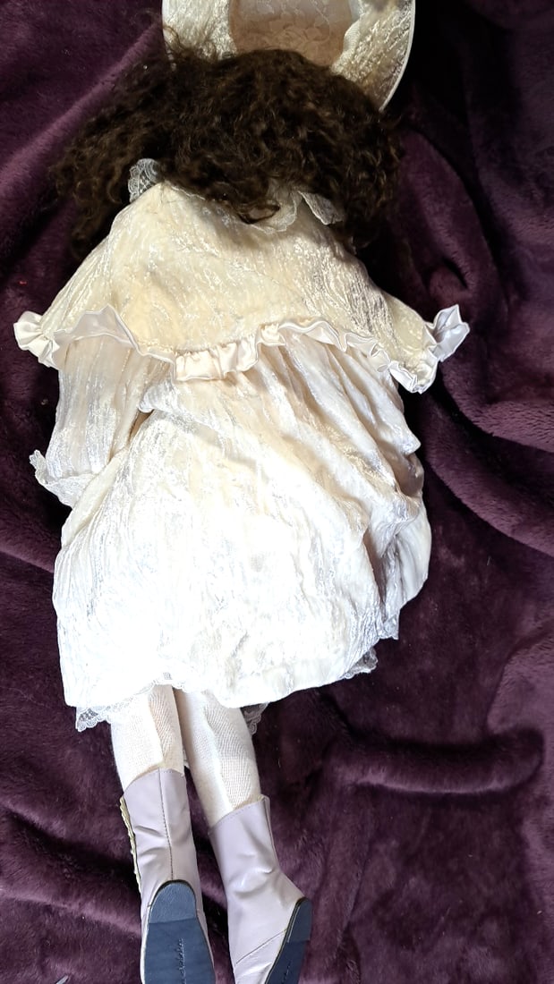 Signed Porcelain Collector Doll Ivory Lace Dress Hat Fur Muff Basket Boots - 6
