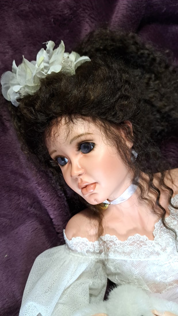 Blanford Porcelain Doll White Lace Dress Curly Dark Hair Blue Eyes Plush Bunny - 2