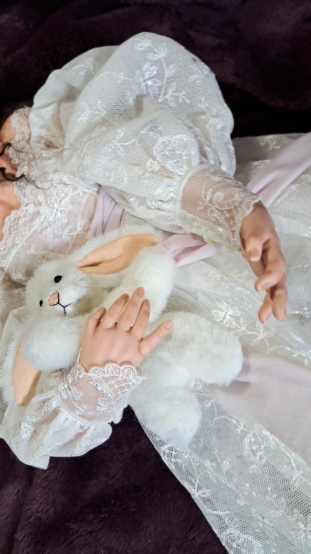 Blanford Porcelain Doll White Lace Dress Curly Dark Hair Blue Eyes Plush Bunny - 3