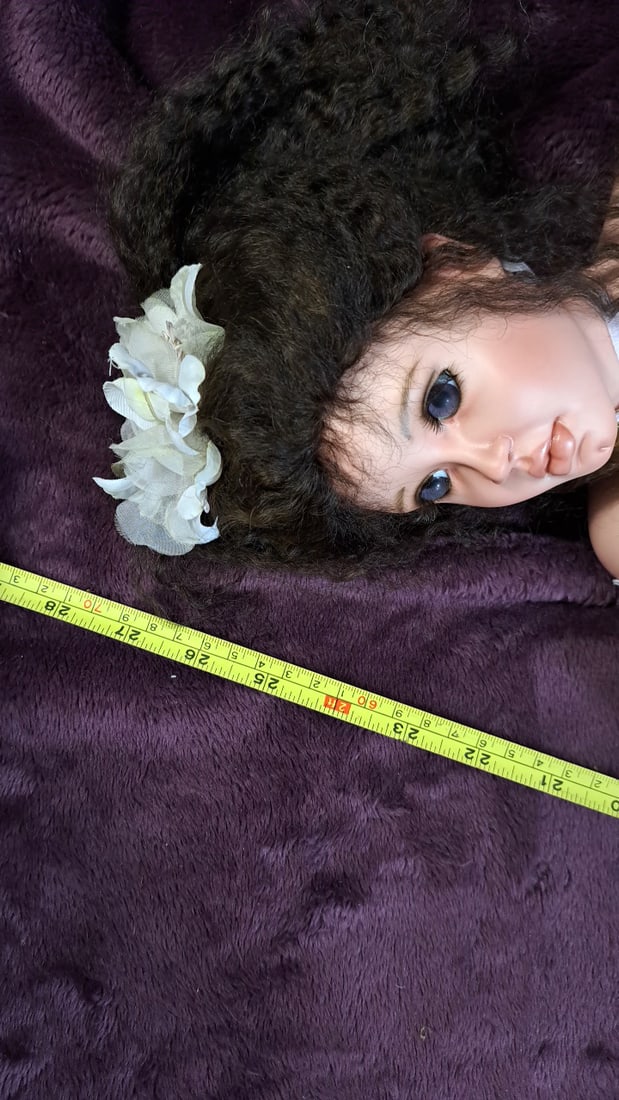 Blanford Porcelain Doll White Lace Dress Curly Dark Hair Blue Eyes Plush Bunny - 5